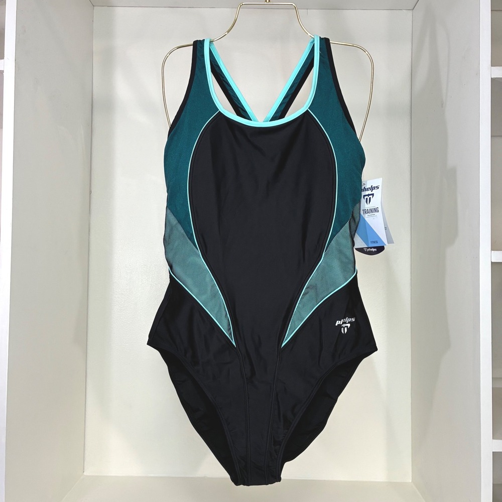 Michael Phelps Hanoi Training Swimsuit Womens 42 Black Turquoise One Piece NEW